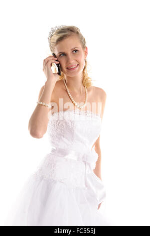 Sposa felice con il telefono cellulare Foto Stock