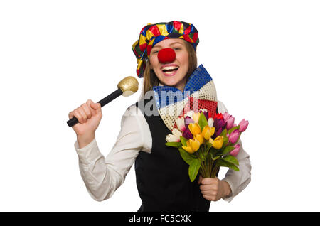 Bella femmina clown con fiori isolati su bianco Foto Stock