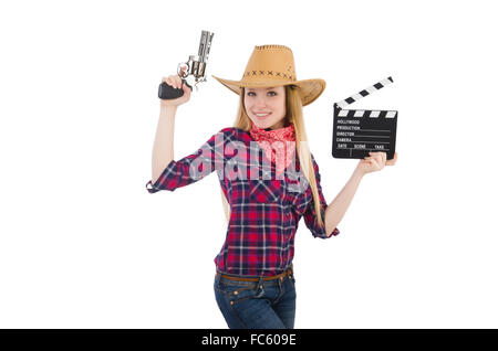 Donna che mantiene clapperboard isolato su bianco Foto Stock