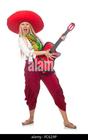 Donna che indossa la chitarra con sombrero Foto Stock