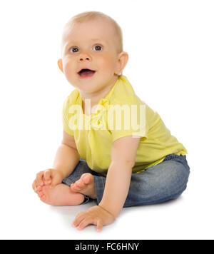 Little baby in blue jeans isolato Foto Stock