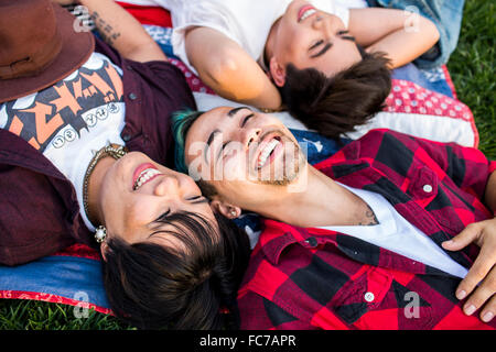 Gli amici che stabilisce in erba Foto Stock