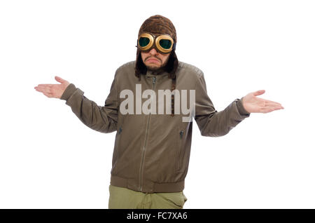 Uomo che indossa occhiali da pilota isolato su bianco Foto Stock
