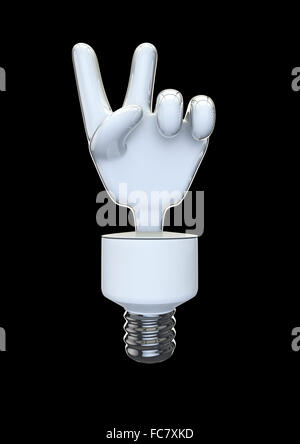 Energia la vittoria della lampadina o segno di pace / 3D render di mano a forma di bulbo di energia Foto Stock