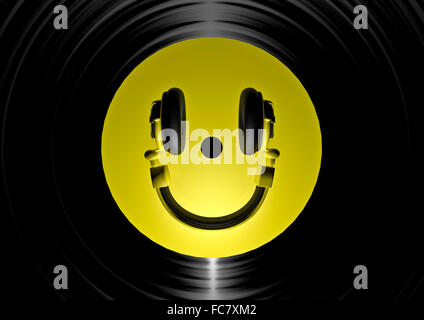 Cuffia in vinile smiley / 3D render di vinile e cuffie formando Smiley face Foto Stock