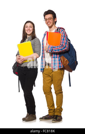 Coppia di studenti isolati su bianco Foto Stock