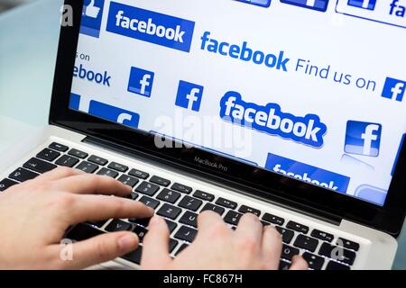Logo di Facebook sono visibili sullo schermo di un computer, 12 gennaio 2016. Foto Stock