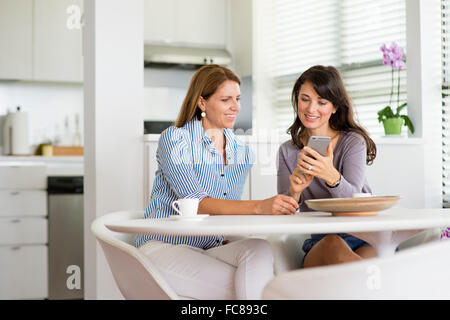 Donne caucasici utilizzando il cellulare in cucina Foto Stock