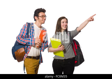 Coppia di studenti isolati su bianco Foto Stock