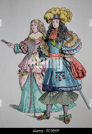 Il re Luigi XIV di Francia (1638-1715), conosce il Re Sole. Casa di Borbone. Monarchical assoluto. Incisione. Colore. Foto Stock