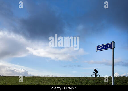 Paesi Bassi, Putten, Arkemheen Polder, un cartello stradale con il nome della strada di campagna: mare dyke, in olandese: Zeedijk. Ciclista sulla diga Foto Stock