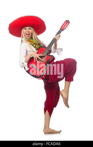 Donna che indossa la chitarra con sombrero Foto Stock