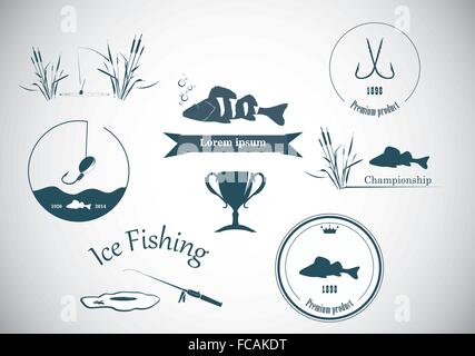 Etichette di pesca ed elementi di design Illustrazione Vettoriale
