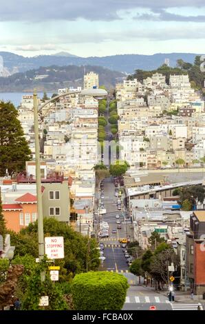 La famosa Lombard street sulla collina Russa a San Francisco, California, Stati Uniti d'America. Una vista della strada che conduce a Foto Stock