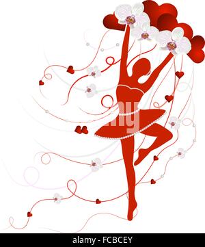 Gara ballerina tenendo una disposizione di fiori di orchidea e di cuori con nastri Illustrazione Vettoriale
