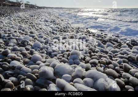Costa d'inverno con ghiaccio coperto pietre all'isola svedese Oland nel Mar Baltico Foto Stock