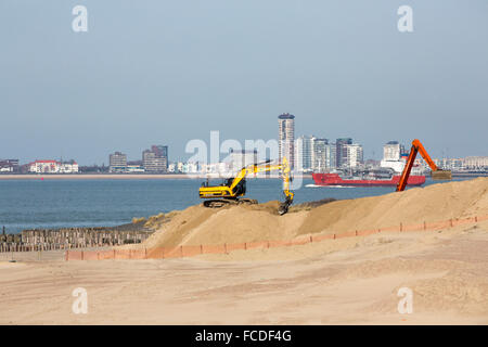 Paesi Bassi, Breskens, Rinforzo del mare dyke, sfondo città di Vlissingen Foto Stock