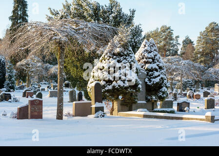 Ronneby, Svezia - 20 Gennaio 2016: Bredakra cimitero in inverno. La neve copre il paesaggio e gli oggetti contrassegnati per la rimozione definitiva di questo giorno freddo. Foto Stock