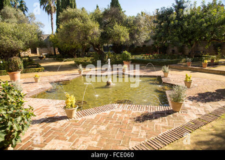Piscina e fontane d'acqua giardini all'Alcazar, Jerez de la Frontera, Spagna Foto Stock