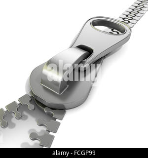 Zipper vista macro. 3D render illustrazione isolati su sfondo bianco Foto Stock