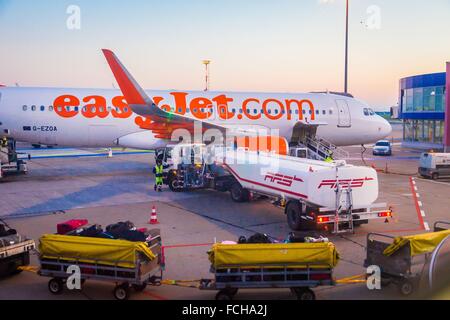 Illustrazione di compagnie aeree a basso costo, EASY JET, Berlino, Germania Foto Stock