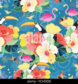 Luminose seamless pattern tropicale con fiori e uccelli su uno sfondo blu Illustrazione Vettoriale