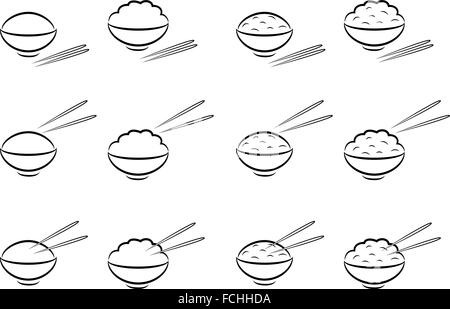 Scodella per riso simbolo con bacchette in linea stile arte Illustrazione Vettoriale