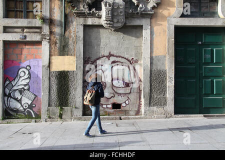 Arte di strada a Rua das Flores nella città vecchia di Porto in Portogallo Foto Stock