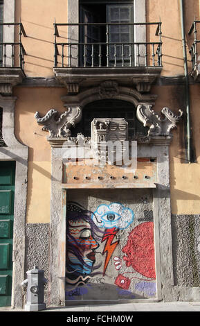 Arte di strada a Rua das Flores nella città vecchia di Porto in Portogallo Foto Stock