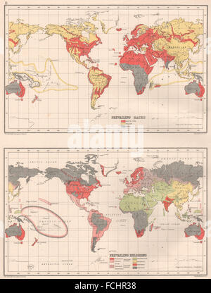 Mondo: razze e religioni Buddista cristiana islam. Bartolomeo, 1891 mappa vecchia Foto Stock