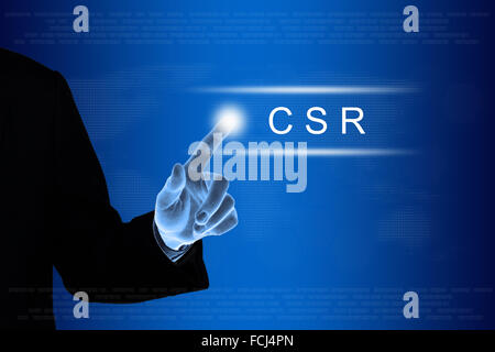 Business di spinta a mano o CSR Corporate social responsibility button Foto Stock