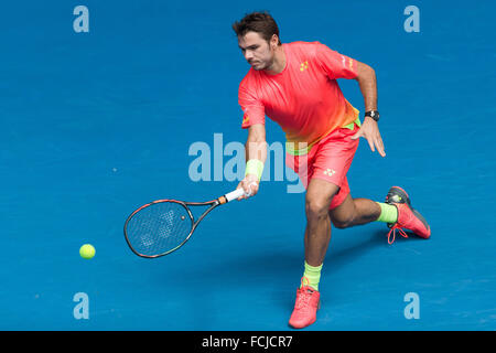 Melbourne, Australia. 23 gen 2016. Stan Wawrinka della Svizzera in azione in un terzo round match contro Lukas Rosol della Repubblica ceca il giorno 6 del 2016 Australian Open Grand Slam torneo di tennis a Melbourne Park a Melbourne, Australia. Sydney bassa/Cal Sport Media/Alamy Live News Foto Stock