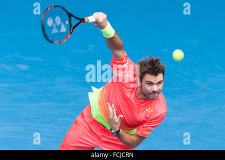 Melbourne, Australia. 23 gen 2016. Stan Wawrinka della Svizzera in azione in un terzo round match contro Lukas Rosol della Repubblica ceca il giorno 6 del 2016 Australian Open Grand Slam torneo di tennis a Melbourne Park a Melbourne, Australia. Sydney bassa/Cal Sport Media/Alamy Live News Foto Stock