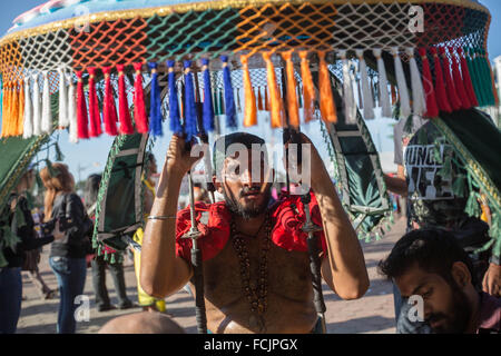 Kuala Lumpur, Grotte Batu, Malaysia. 23 gen 2016. Devoto indù prepara il kavadi prima di prendere parte alla processione Thaipusam nelle Grotte Batu. Per contrassegnare questo giorno, gli indù devoti pierce parte diversa del loro corpo con varie spiedini di metallo e portare bicchieri di latte sulle loro teste lungo la coppia di chilometri per celebrare la gloria del Signore Subramaniam (Lord Murugan) nelle Grotte Batu, uno dei più popolari santuario fuori dall'India e il punto focale per celebrare il Festival di Thaipusam in Malaysia. Credito: ZUMA Press, Inc./Alamy Live News Foto Stock