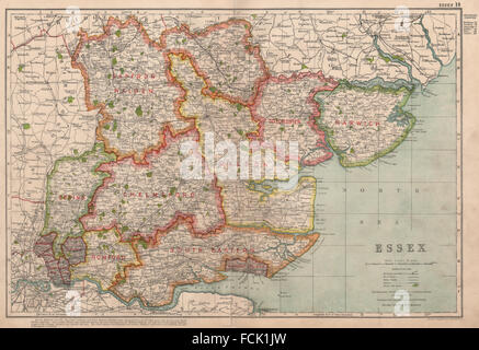 ESSEX: Mostra divisioni parlamentare, boroughs & parchi. BACON, 1936 mappa vecchia Foto Stock