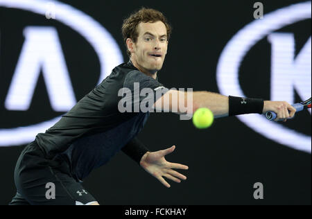 Melbourne, Australia. 23 gen 2016. Andy Murray di Gran Bretagna compete contro Joao Sousa del Portogallo durante il terzo round match di uomini singoli presso l'Australian Open di Tennis campionati di Melbourne, Australia, 23 gennaio, 2016. Credito: Bi Mingming/Xinhua/Alamy Live News Foto Stock