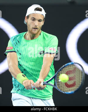 Melbourne, Australia. 23 gen 2016. Joao Sousa del Portogallo compete contro Andy Murray di Gran Bretagna durante il terzo round match di uomini singoli presso l'Australian Open di Tennis campionati di Melbourne, Australia, 23 gennaio, 2016. Credito: Bi Mingming/Xinhua/Alamy Live News Foto Stock