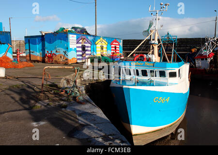 La pesca a strascico ormeggiata nel porto di Balbriggan e Balbriggan Fishermans organizzazione Foto Stock