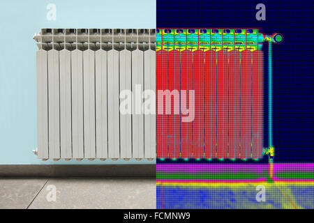 Termica a infrarossi e immagine reale del radiatore del riscaldatore nella casa Foto Stock