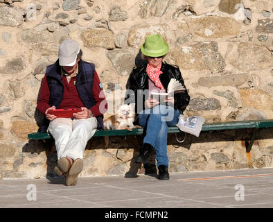 Coppia di mezza età in vacanza a St Tropez. Sia la seduta di lettura, uno da una compressa, una da un libro in brossura. Piccolo Cane tra. Foto Stock