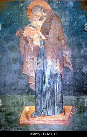 Affreschi bizantini o dipinti murali (c14TH) della Vergine e il bambino, o Maria e Gesù, all'interno della chiesa di San Salvatore in Chora, Istanbul, Turchia Foto Stock