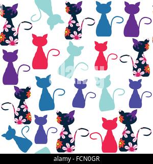 Colorata in stile fumetto gatti divertenti pattern senza soluzione di continuità e senza soluzione di continuità nel modello swatch menu, immagine vettoriale Illustrazione Vettoriale