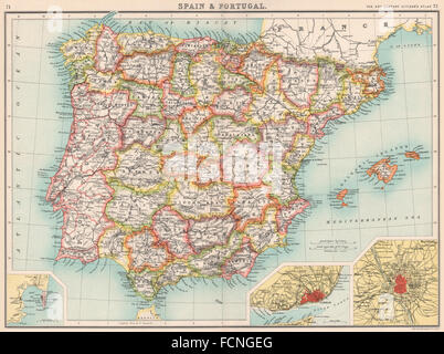 IBERIA:Spagna mostra province & Portogallo;Inset Gibilterra Lisbona Madrid 1901 mappa Foto Stock