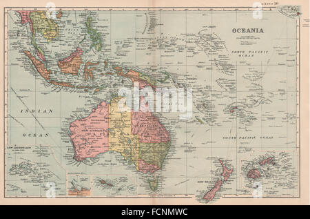 OCEANIA:mostra Alexandra Land.Nuova Zelanda Polinesia Fiji e indie.BACON, 1893 Mappa Foto Stock