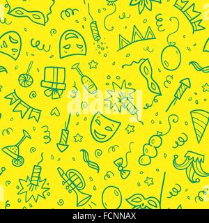 Verde simboli di carnevale in stile doodle su sfondo giallo, vettore modello senza giunture Illustrazione Vettoriale