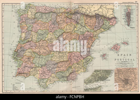 IBERIA: Spagna & Portogallo; inset Gibilterra; Lisbona; Madrid. BACON, 1893 mappa vecchia Foto Stock