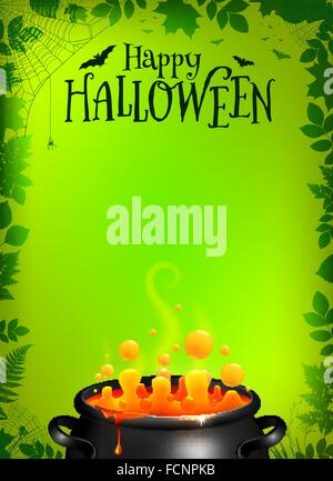 Verde poster di Halloween modello con pozione arancione nel calderone nero Illustrazione Vettoriale