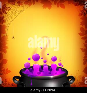 Viola pozione di vettore nel calderone nero su sfondo arancione Illustrazione Vettoriale