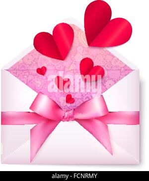 Modello in carta rosa busta con cuori rossi e la prua Illustrazione Vettoriale