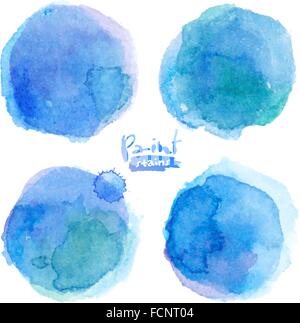 Blu brillante dipinti ad acquerello macchie impostato Illustrazione Vettoriale